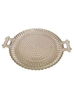 Vintage Jeanette Glass Co Round Hobnail Serving Tray with handles.